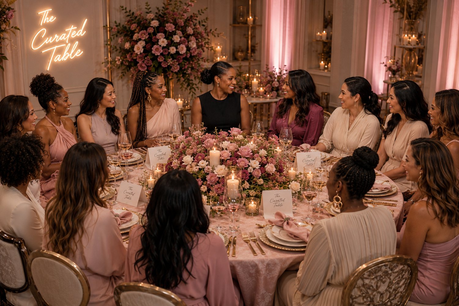 A curated dinner, guests around a beautifully set table under a neon sign reading The Curated Table